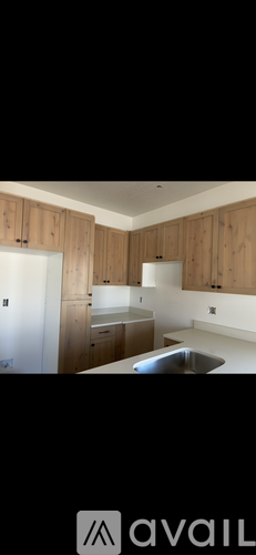 A kitchen with wooden cabinets and a stainless steel sink.