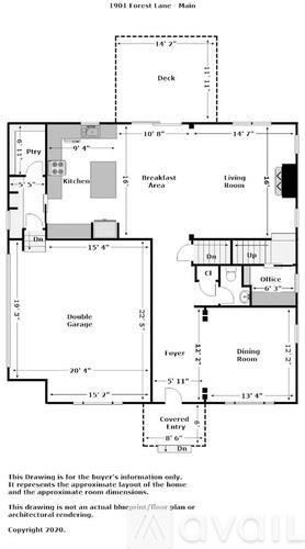 A floor plan of a house with a kitchen, living room, dining room, and two bathrooms.