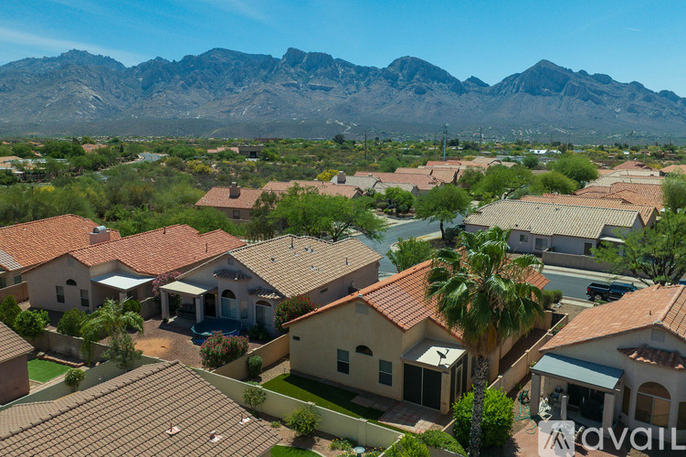 A bird's eye view of a neighborhood with houses and palm trees.