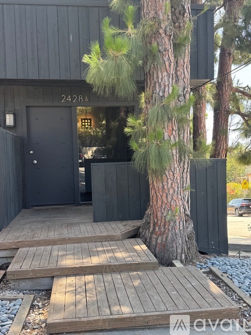 A modern house with a black door and a tree in front.