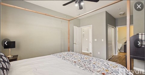 A bedroom with a bed, a ceiling fan, and a nightstand with a lamp.