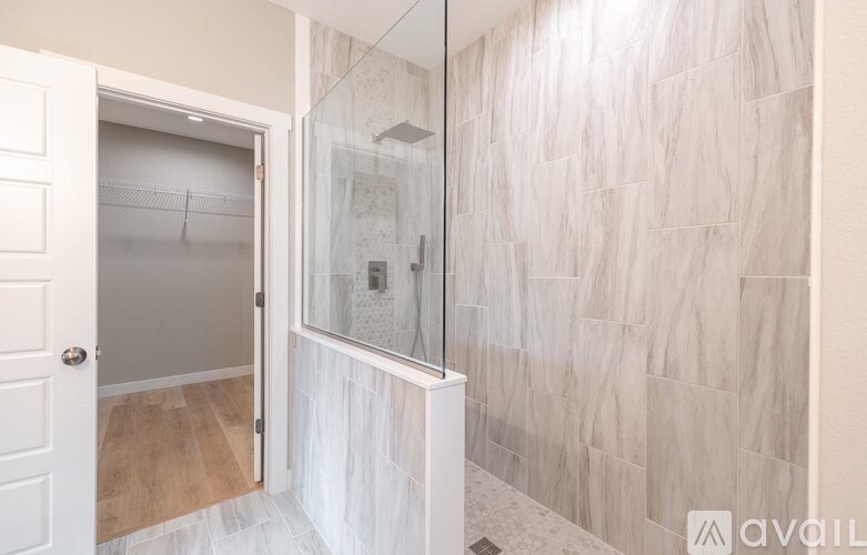 A bathroom with a walk-in shower and a white door.