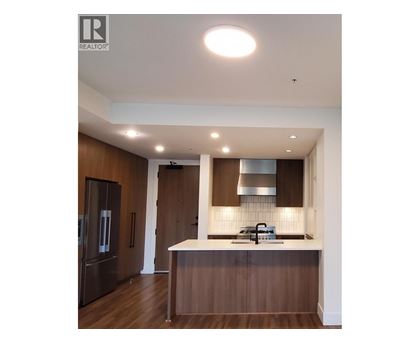 A modern kitchen with dark wood cabinets and a white countertop.