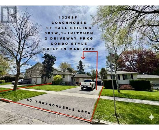A house with a red line drawn on the image showing the location of the 1320SF coachhouse.