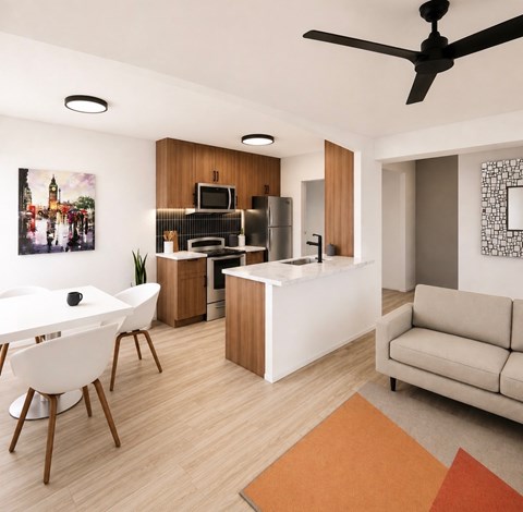 A modern kitchen with a dining table and chairs.