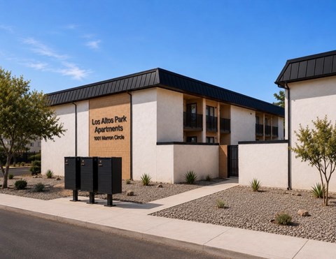 The image shows a building with a sign that reads "Los Altos Park Apartments 7071 Marron Circle.".