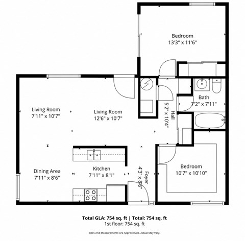 A floor plan of a house with a living room, dining area, kitchen, and three bedrooms.