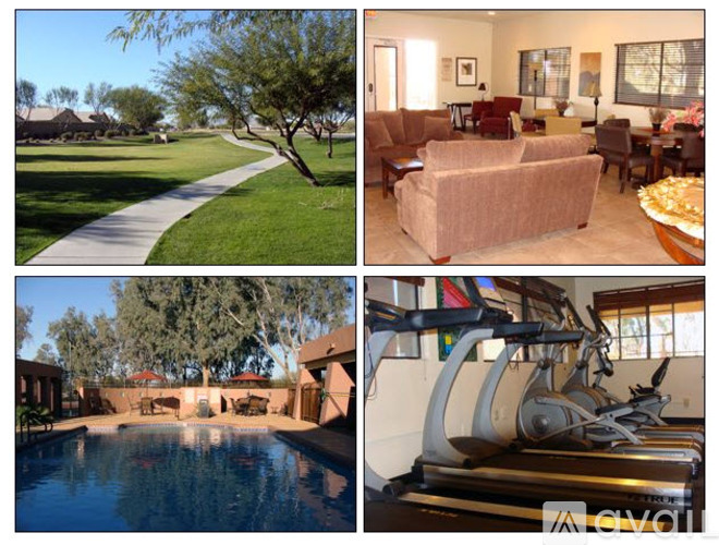 A collage of four images showing a residential area, a living room, a swimming pool, and exercise equipment.