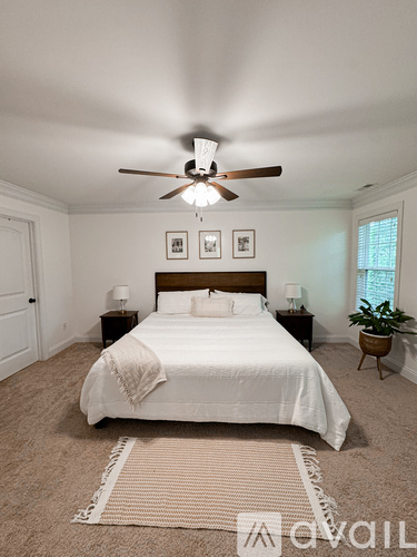 A bedroom with a large bed, a ceiling fan, and a rug on the floor.