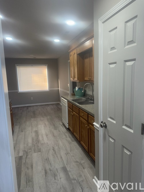 A kitchen with wooden cabinets and a white door.