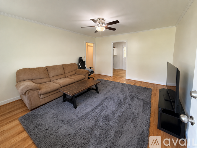 A living room with a brown couch and a grey rug.