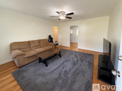 A living room with a brown couch and a grey rug.