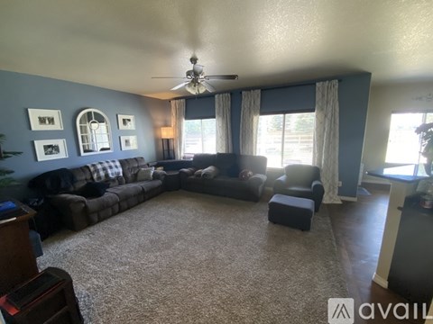 A living room with a grey couch and a fan on the ceiling.
