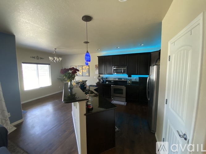 A kitchen with a black counter top and a white door.