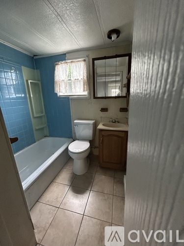 A bathroom with blue walls and a white toilet.