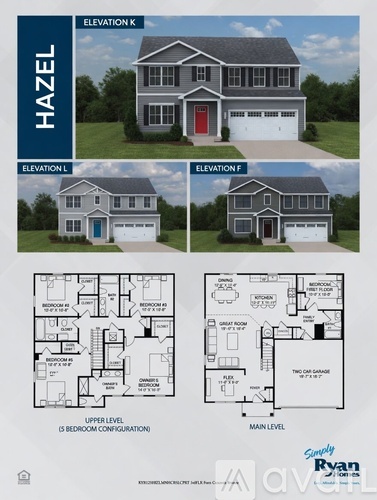A house plan by Ryan Homes shows the Hazel model with three different elevation views and a detailed floor plan.