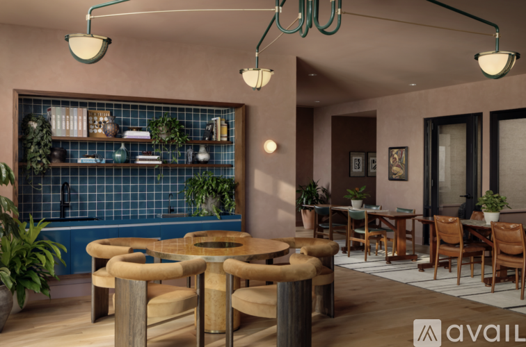 A modern dining area with a blue tile backsplash and wooden furniture.