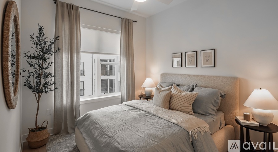 A well-lit bedroom with a large bed and a small tree in a pot.