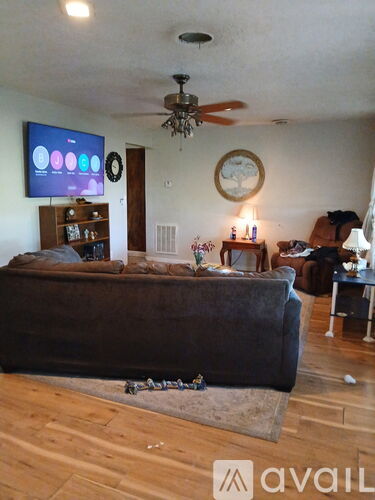 A living room with a couch, a television, and a ceiling fan.