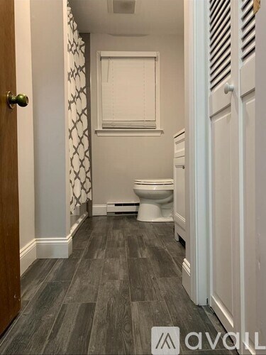 A bathroom with a toilet and a wooden door.