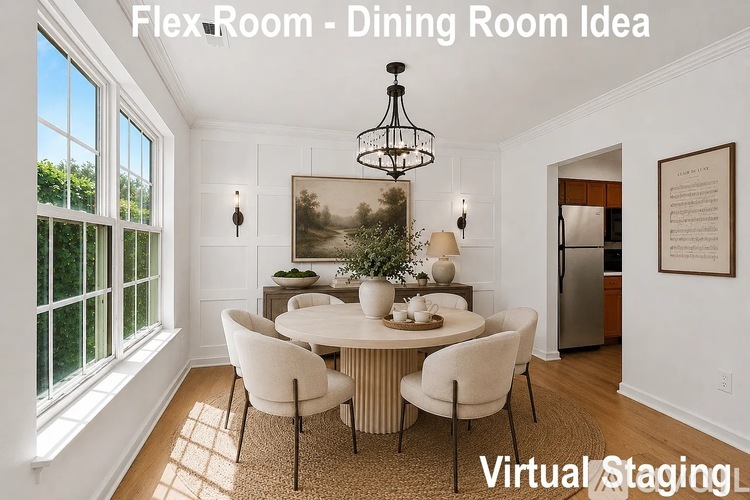 A dining room with a round table and chairs, a chandelier, and a painting on the wall.