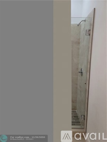 A shower area with a glass door and a white wall.