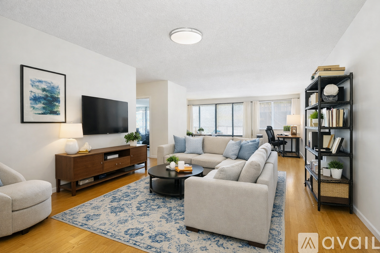 A living room with a grey sofa, a wooden cabinet, a TV, a bookshelf, and a rug.