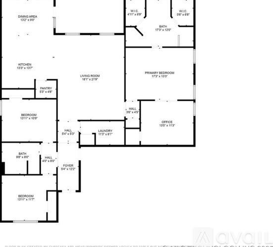 A floor plan of a house with a living room, two bedrooms, a bathroom, and an office.
