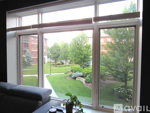 A living room with a couch and a window overlooking a green lawn.
