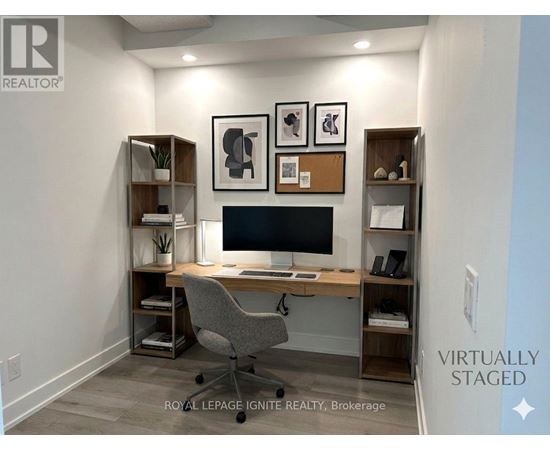 A room with a desk, chair, and shelves with various items on them.