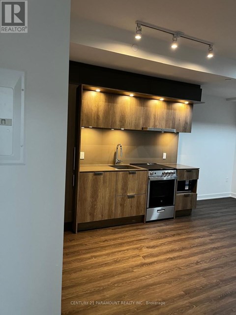 A kitchen with wooden cabinets and a stainless steel dishwasher.