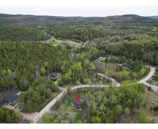 A bird's eye view of a forest with a red house in the center.