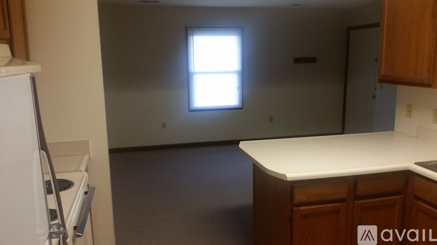 A kitchen with a white fridge, a window, and a counter.