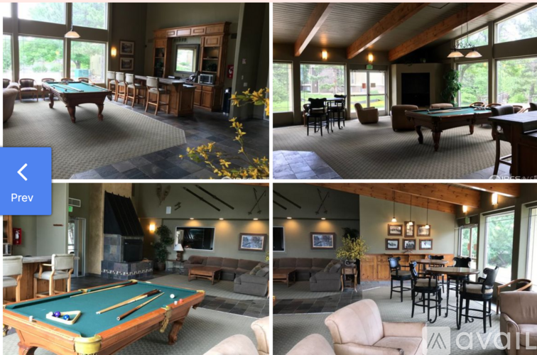 Four images of a room with a pool table and a fireplace.