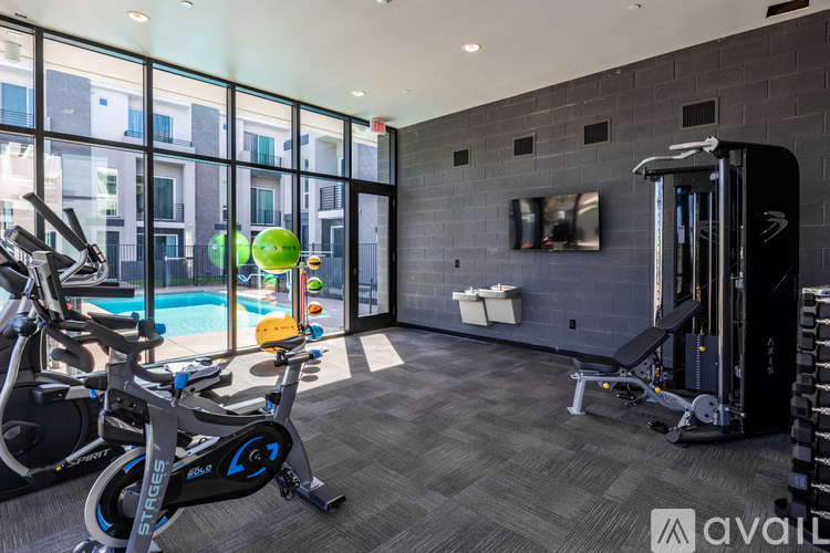 A gym with a variety of equipment including a treadmill, a stationary bike, and a weight bench.