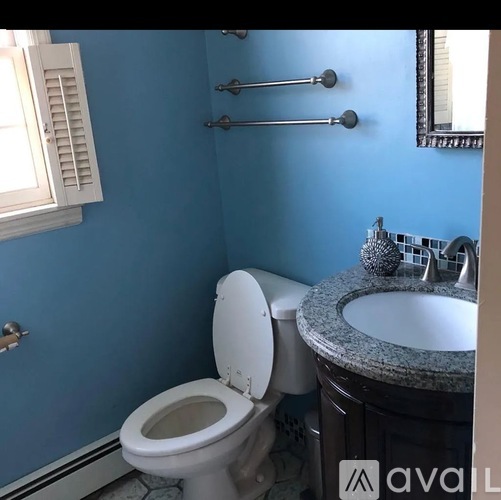 A white toilet sits in a bathroom with blue walls.