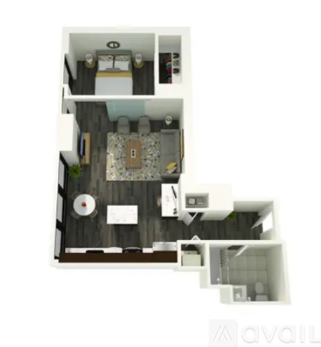 A floor plan of a small apartment with a kitchen, living room, and bathroom.
