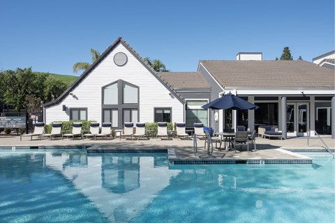 A white house with a pool in front.
