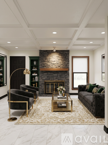 A modern living room with a fireplace and a coffee table.