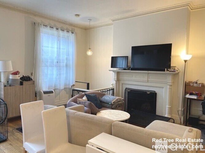 A living room with a fireplace and a television on the mantle.