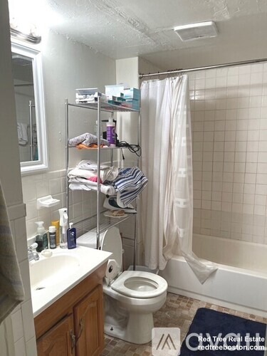 A bathroom with a white sink, toilet, and a shower curtain.