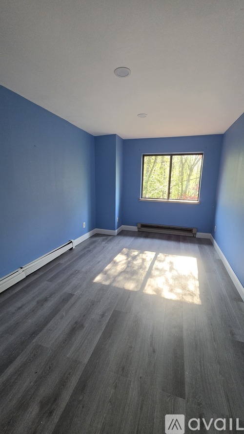 A room with blue walls and wooden flooring.