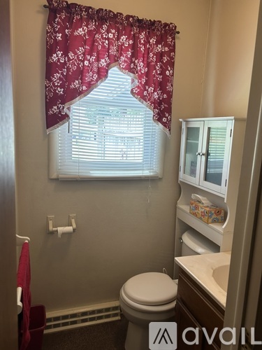 A small bathroom with a toilet, sink, and a window with a red curtain.