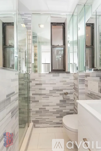 A bathroom with a walk-in shower and a toilet.