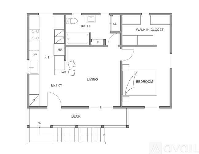 A floor plan of an apartment with a living room, bedroom, and deck.