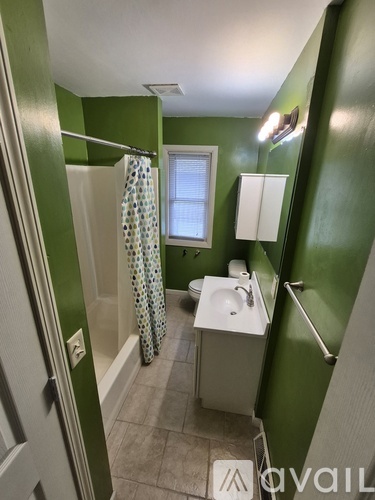 A bathroom with green walls and a white sink.