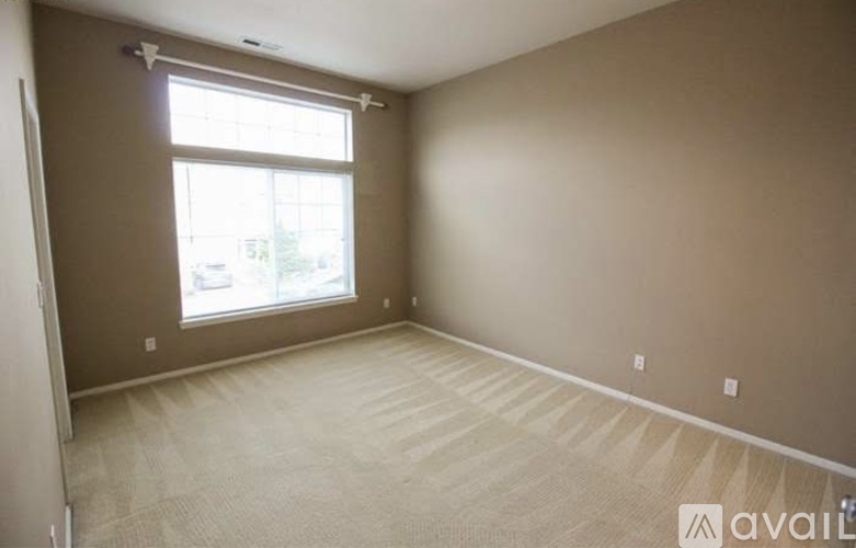 A room with a carpeted floor and a window.