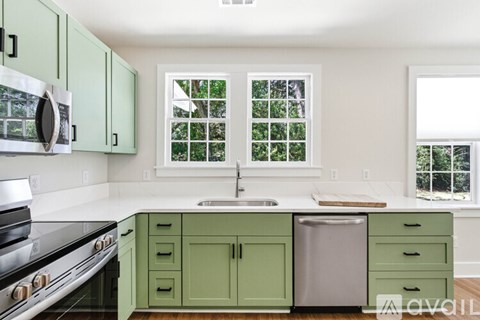 A kitchen with green cabinets and a stainless steel dishwasher.