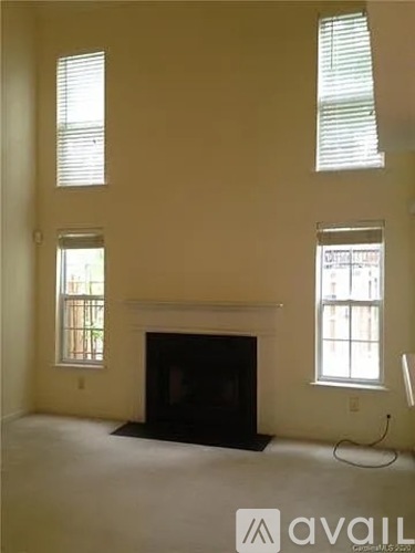 A living room with a fireplace and two windows.