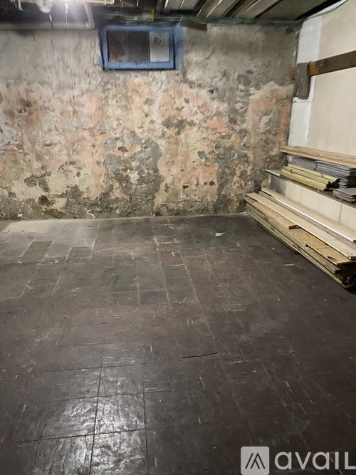 A dirty basement with a concrete floor and a wall covered in mold.